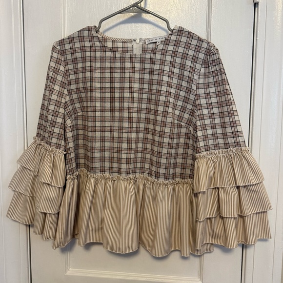 English Factory Plaid and Striped Ruffle Sleeve Top - Picture 1 of 4